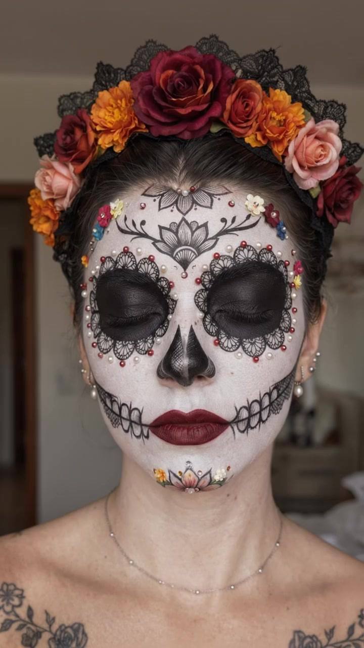 Primer plano de una catrina con corona de rosas y cempasúchil; caen pétalos, abre los ojos y el humo de colores la envuelve.