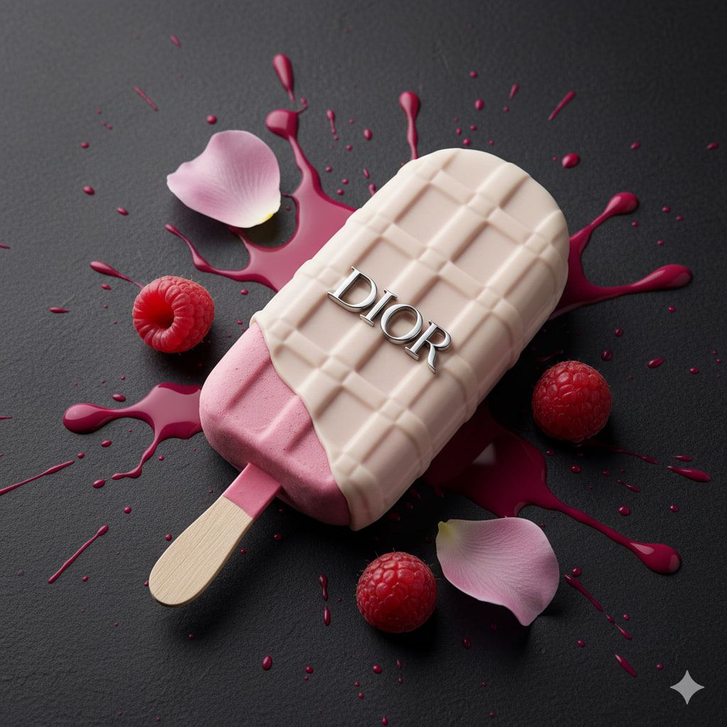 Un polo helado con el logotipo de Dior, entre frambuesas, pétalos y salpicaduras rosas sobre fondo negro.