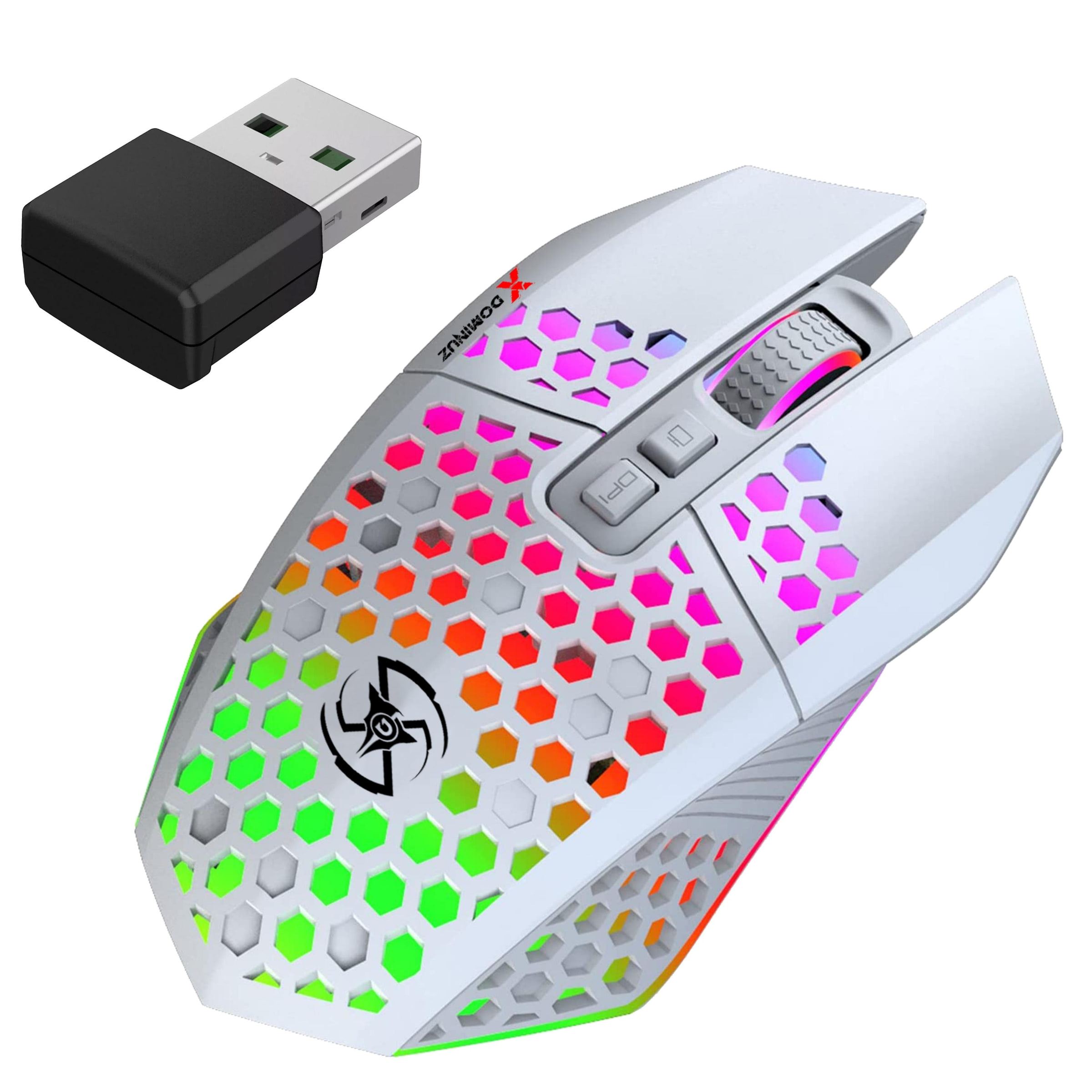 Imagen principal de la ficha: ratón inalámbrico blanco con carcasa de panal e iluminación RGB, junto a su receptor USB, sobre blanco.