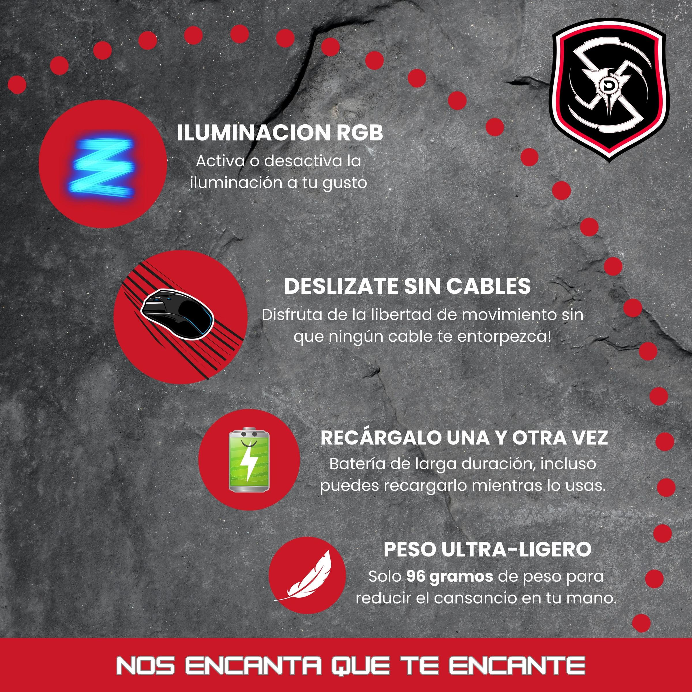 Infografía de características: iluminación RGB, sin cables, batería recargable y 96 gramos de peso.