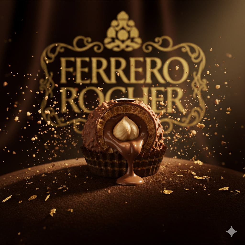 Un bombón Ferrero Rocher abierto con crema de avellana cayendo, delante del logotipo dorado de la marca.