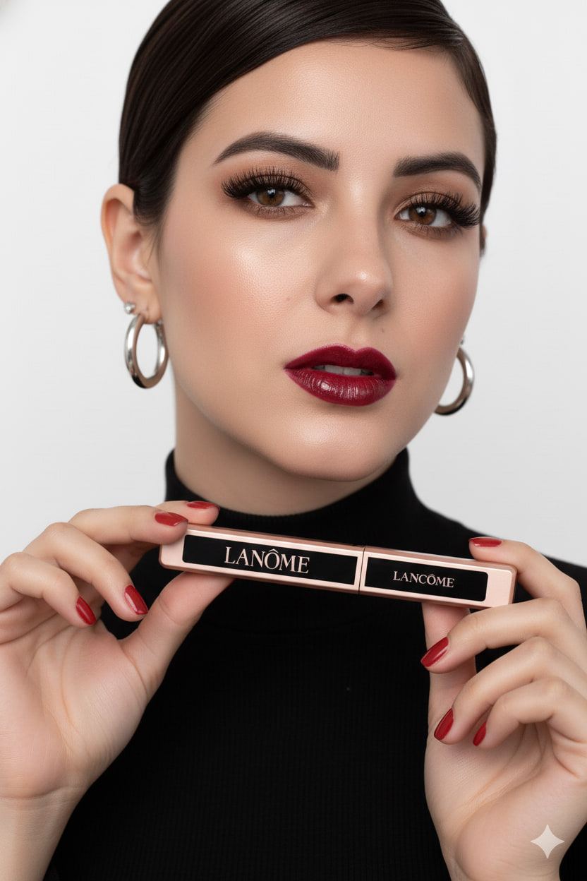 Retrato de belleza con labio burdeos y jersey negro; la modelo sostiene una máscara de pestañas de Lancôme.