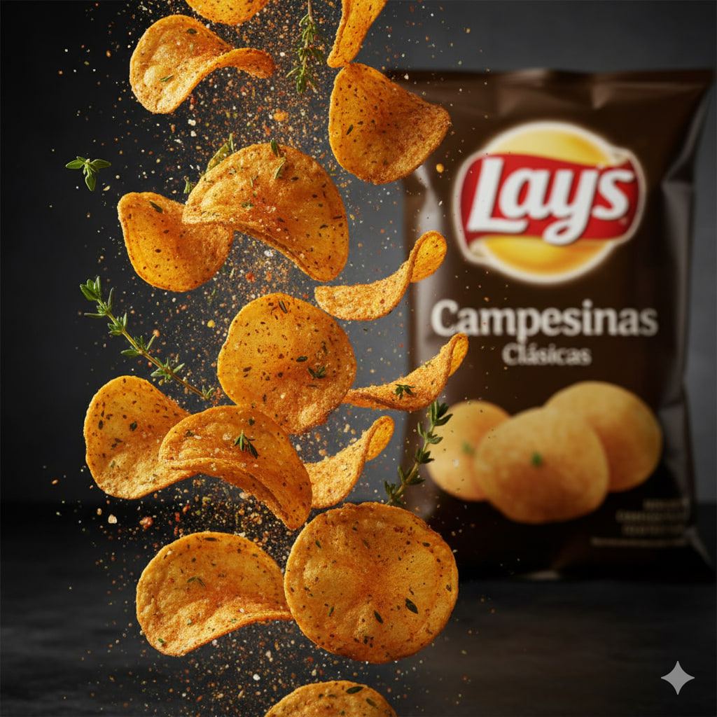 Patatas fritas cayendo en cascada con especias delante de una bolsa de Lay’s Campesinas.