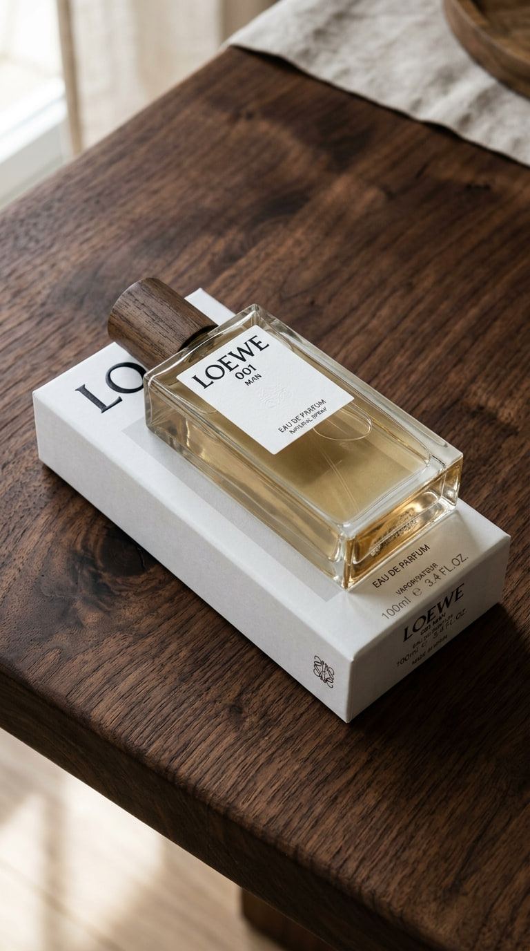Frasco de perfume de Loewe sobre su caja blanca, en una mesa de madera oscura con luz de ventana.