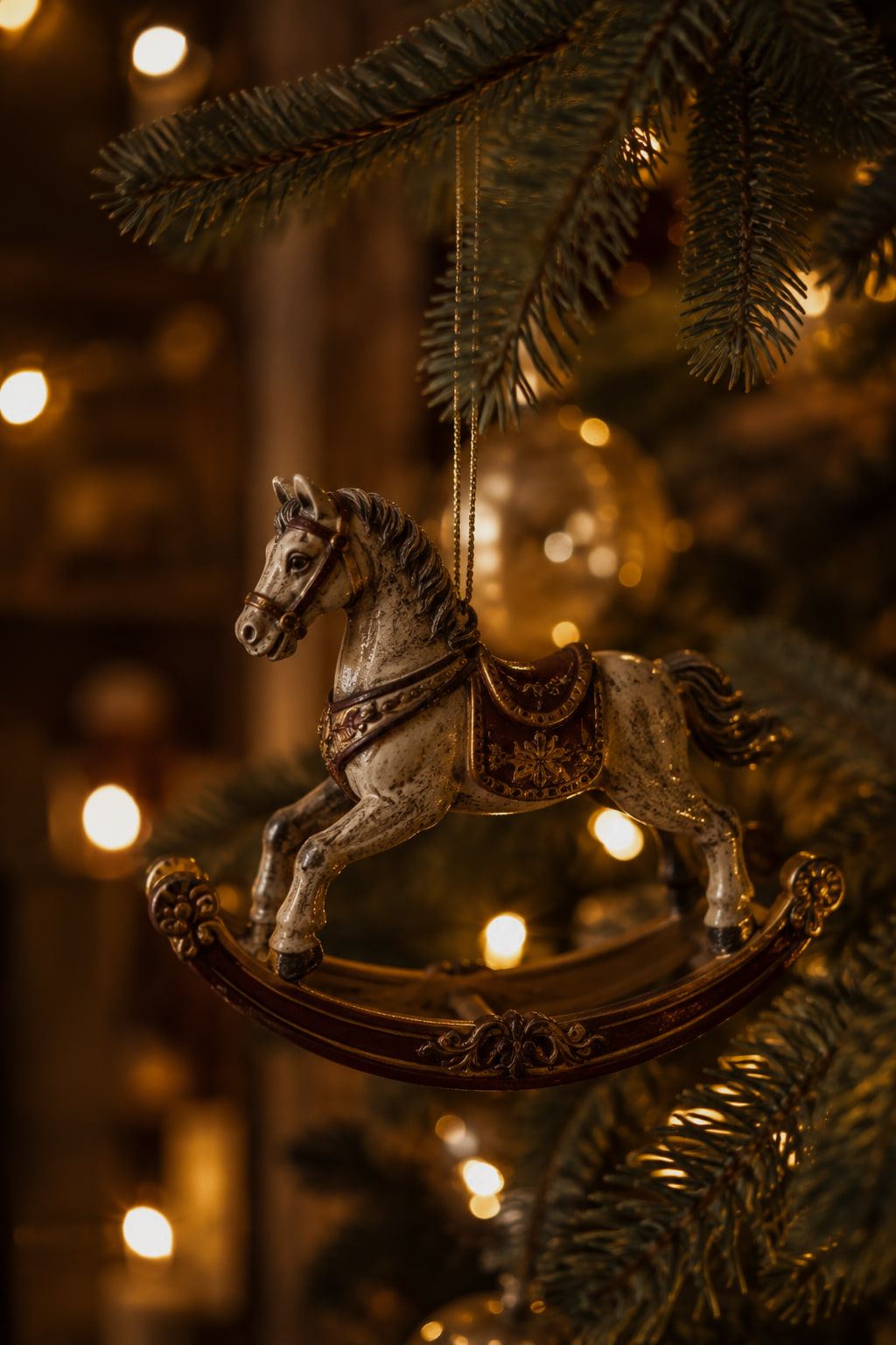 Adorno navideño con forma de caballito balancín colgado de un abeto, con luces cálidas desenfocadas.