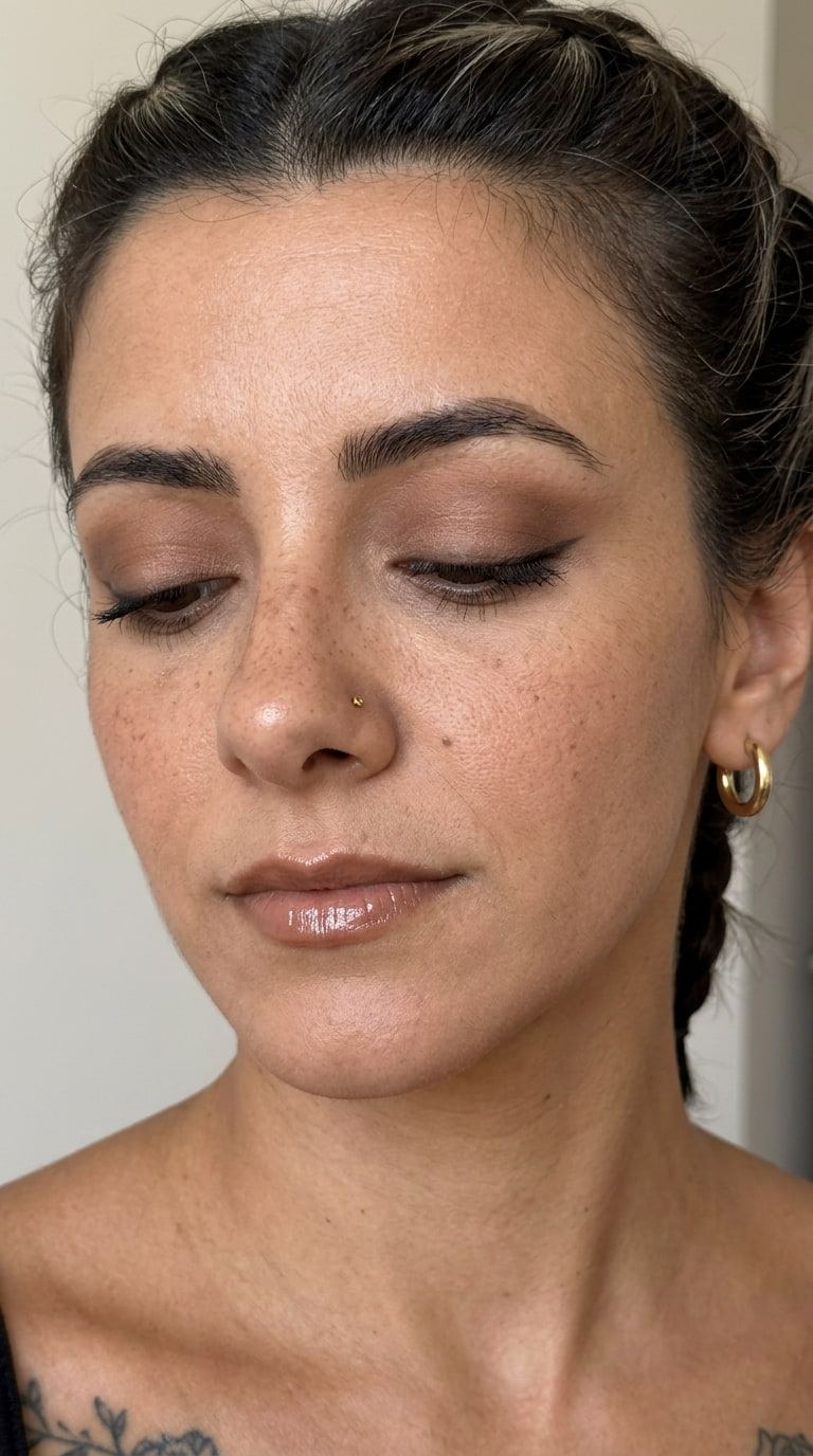 Primer plano con los ojos cerrados: sombra marrón difuminada, labio nude con brillo y aro dorado.