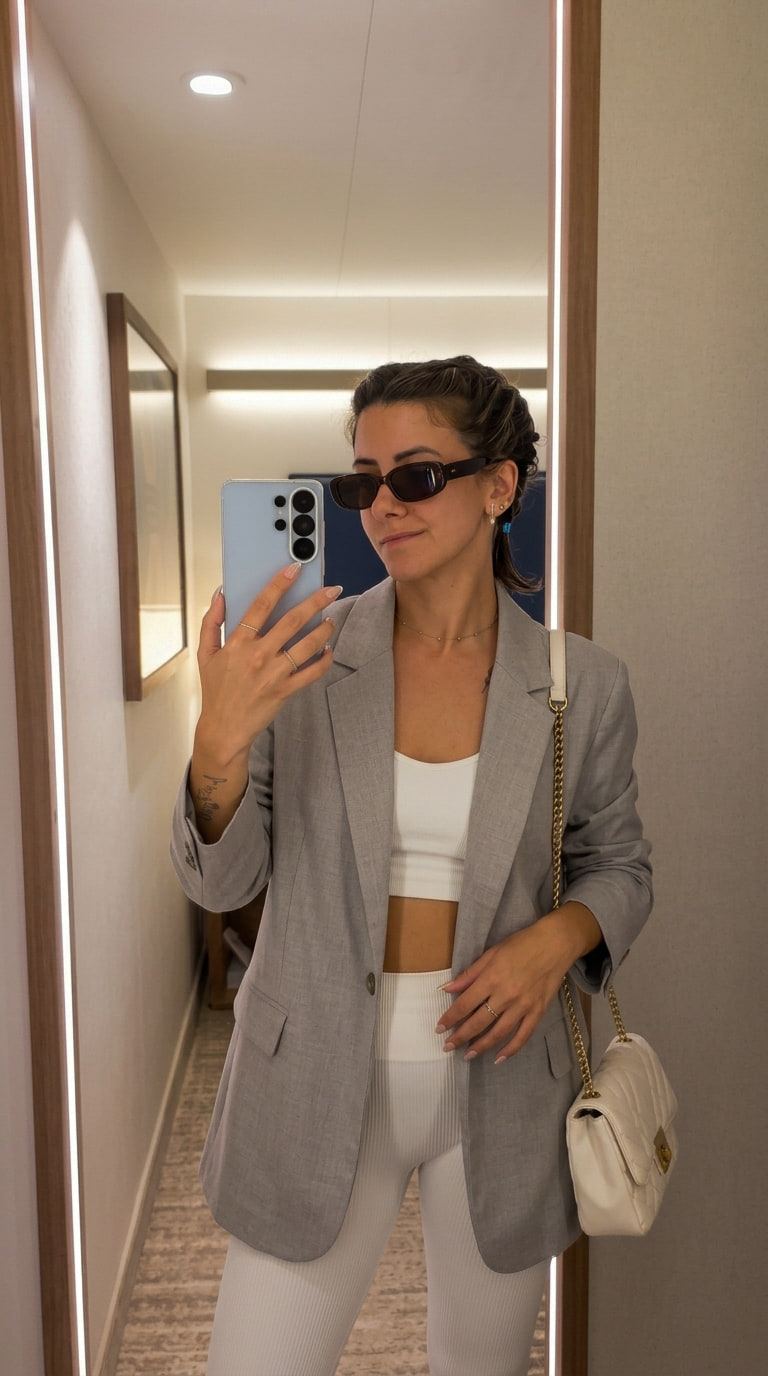 IA. Selfie de probador con un conjunto de lino azul y, tras la edición con IA, la misma foto con blazer gris, conjunto blanco, gafas de sol y bolso acolchado.