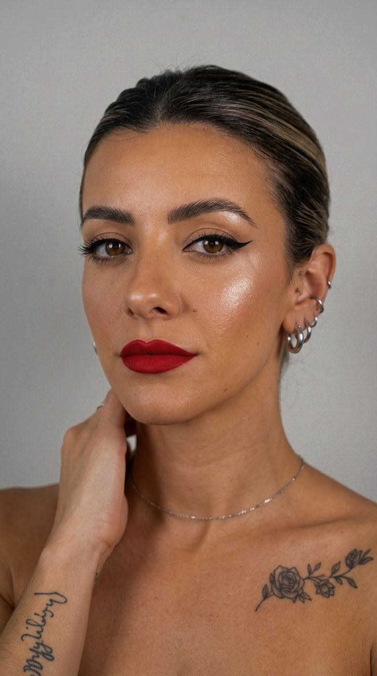 Retrato de estudio con el pelo recogido, eyeliner negro, labio rojo mate e iluminador en el pómulo.