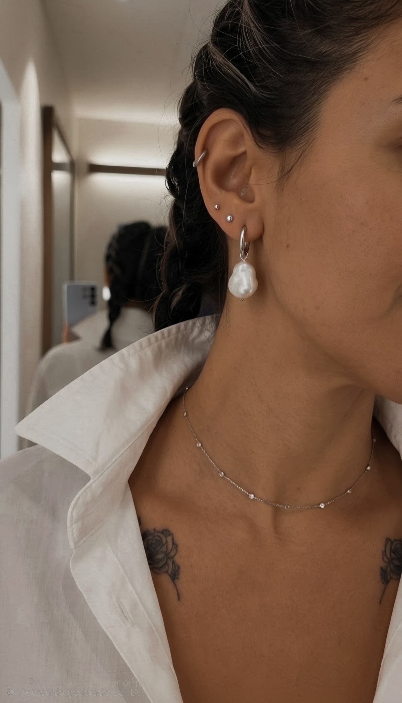 Primer plano del cuello y la oreja con el pendiente de perla barroca puesto, camisa blanca y gargantilla fina.