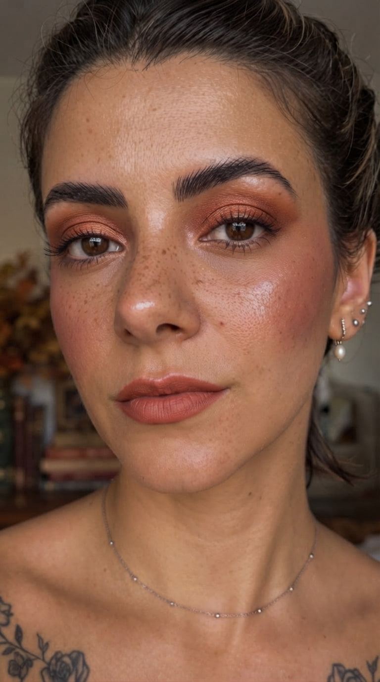 Primer plano con sombra terracota, colorete cálido, pecas visibles y pendiente de perla.