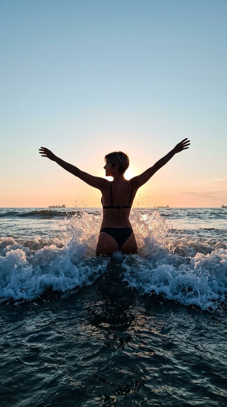 De espaldas entre la espuma de una ola, brazos abiertos y el sol en el horizonte.