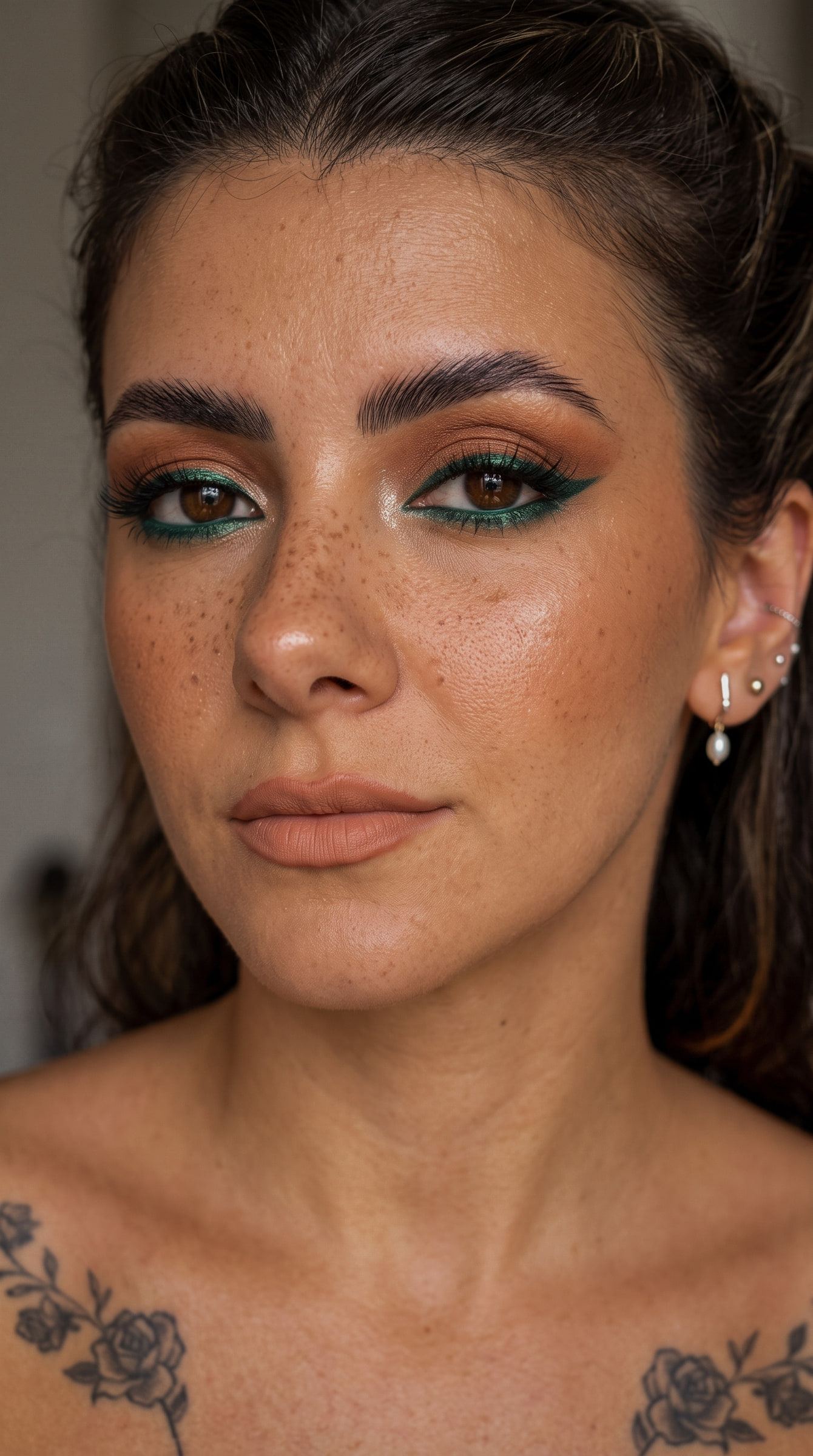 Primer plano con delineado verde esmeralda, sombra cobre y pecas marcadas.