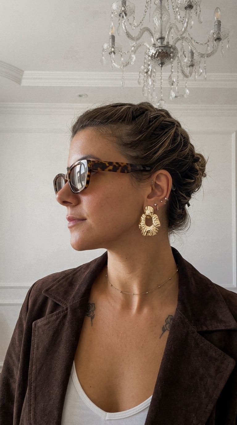 Retrato de perfil de Patricia Fenutria con gafas de carey y pendiente dorado, bajo una lámpara de araña