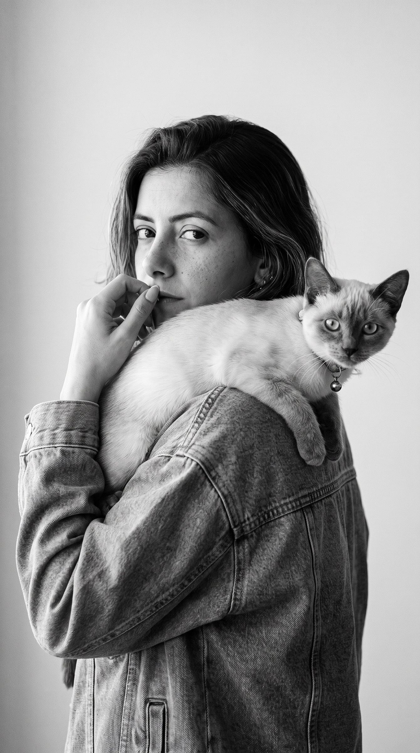 Retrato en blanco y negro de Patricia Fenutria de espaldas, mirando a cámara por encima del hombro, con un gato siamés apoyado en él