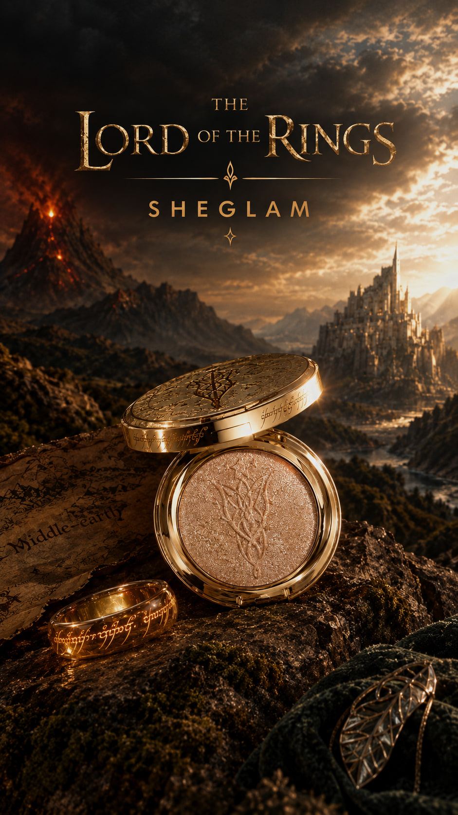 IA. Foto de catálogo de la colección de maquillaje sobre fondo blanco y, generado con IA, un cartel vertical con el iluminador dorado sobre roca, un anillo y un paisaje de fantasía al atardecer.