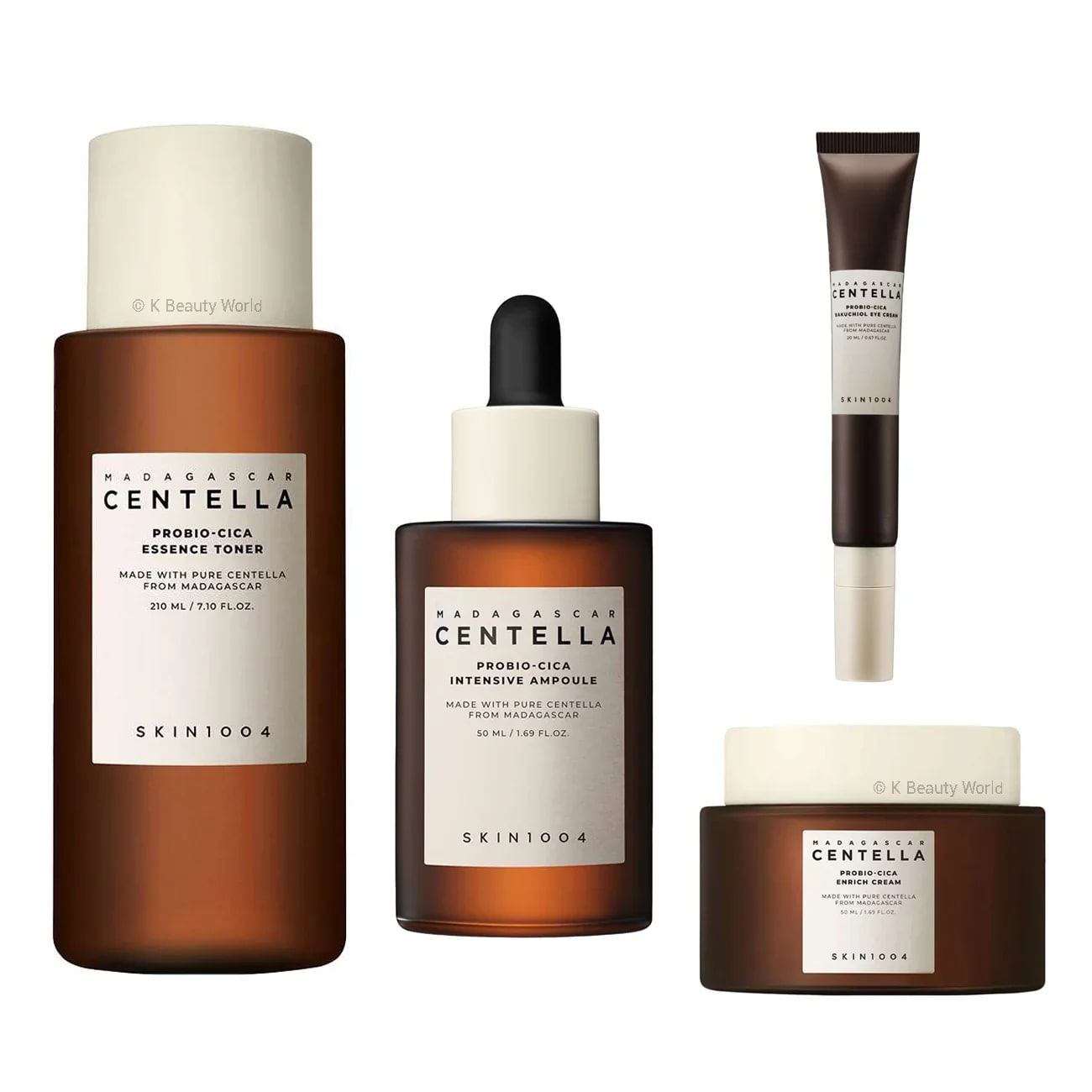 Base. Cuatro productos de cuidado facial recortados sobre blanco y, generado con IA, el mismo conjunto agrupado sobre una tarima de madera con sombras de hojas.