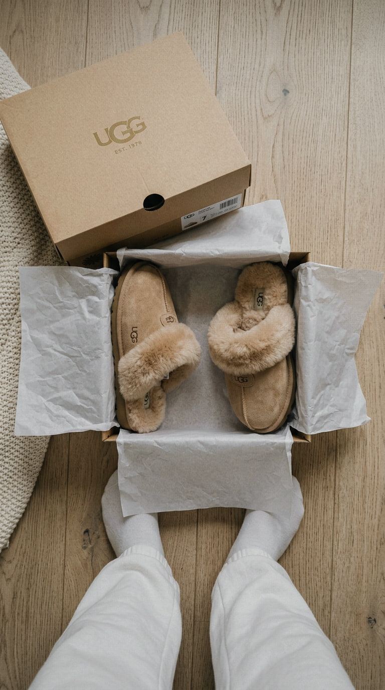 Plano cenital de un unboxing: unas zapatillas de borrego de UGG en su caja, vistas desde arriba con los pies de quien la abre.